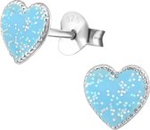 Joy|S - Zilveren hartje blauw glitter oorbellen 7 mm