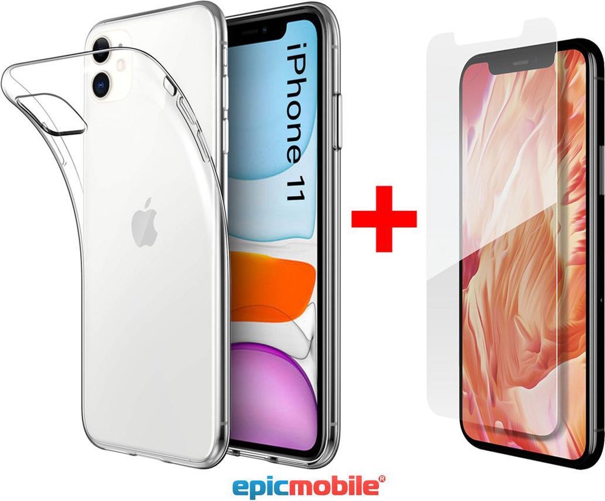 Epicmobile - iPhone 11 Transparant Silicone hoesje + Screenprotector - Tempered Glass - Combideal