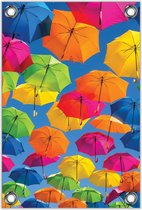 Tuinposter –Gekleurde Paraplu’s In De Lucht– 60x90cm Foto op Tuinposter (wanddecoratie voor buiten en binnen)