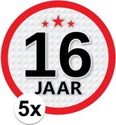 5x 16 Jaar leeftijd stickers rond 15 cm - 16 jaar verjaardag/jubileum versiering 5 stuks