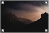Tuinposter –Zonsondergang tussen de Bergen– 90x60cm Foto op Tuinposter (wanddecoratie voor buiten en binnen)