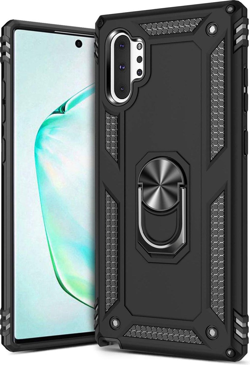 HB Hoesje Geschikt voor Samsung Galaxy Note 10 - Anti-Shock Hybrid Armor Back Cover - Hoes met Kickstand Ring - Zwart