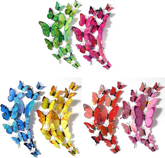 Muursticker 6 sets x 12 stuks = 72 stuks 3D vlinders magnetisch &  decoratie