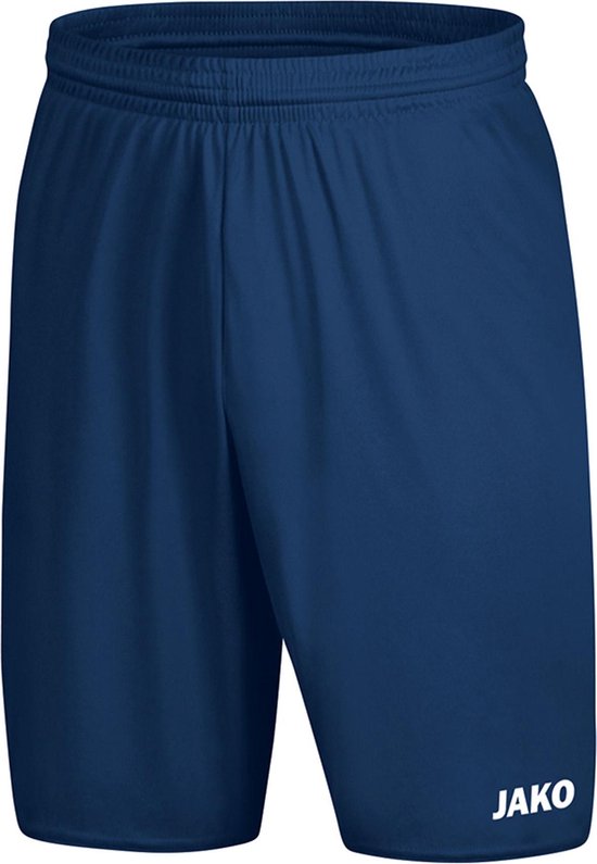 Short de sport bleu foncé avec ceinture élastique et logo Jako blanc.