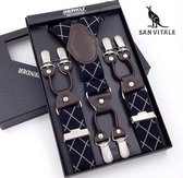 San Vitale Luxe moderne bretels met klemsluiting en lederen patten om aan de broeksband te bevestigen. Let op, niet verpakt in een doosje zoals op de foto, maar in een gesealde kunststof verp