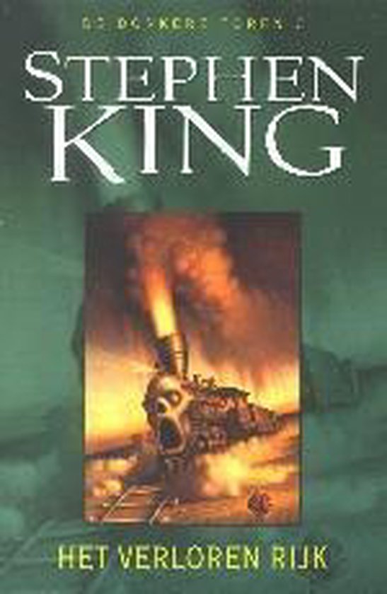 Boekomslag met een stoomlocomotief met een schedel als voorkant, uit de mist komend, met de titel "STEPHEN KING" en "HET VERLOREN RIJK".