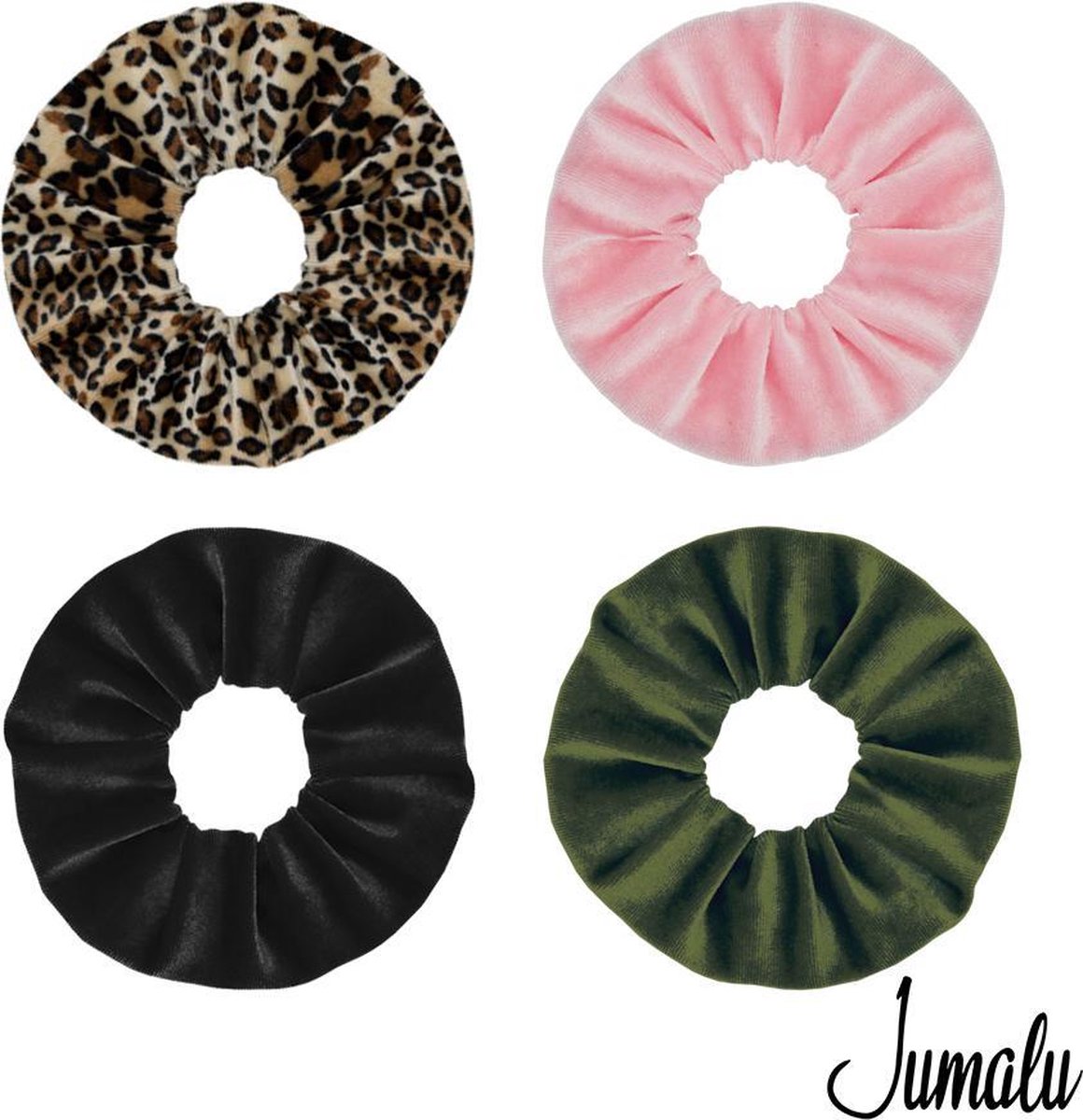 Jumalu scrunchie velvet haarwokkel haarelastiekjes - zwart, tijgerprint, lichtroze en legergroen - 4 stuks
