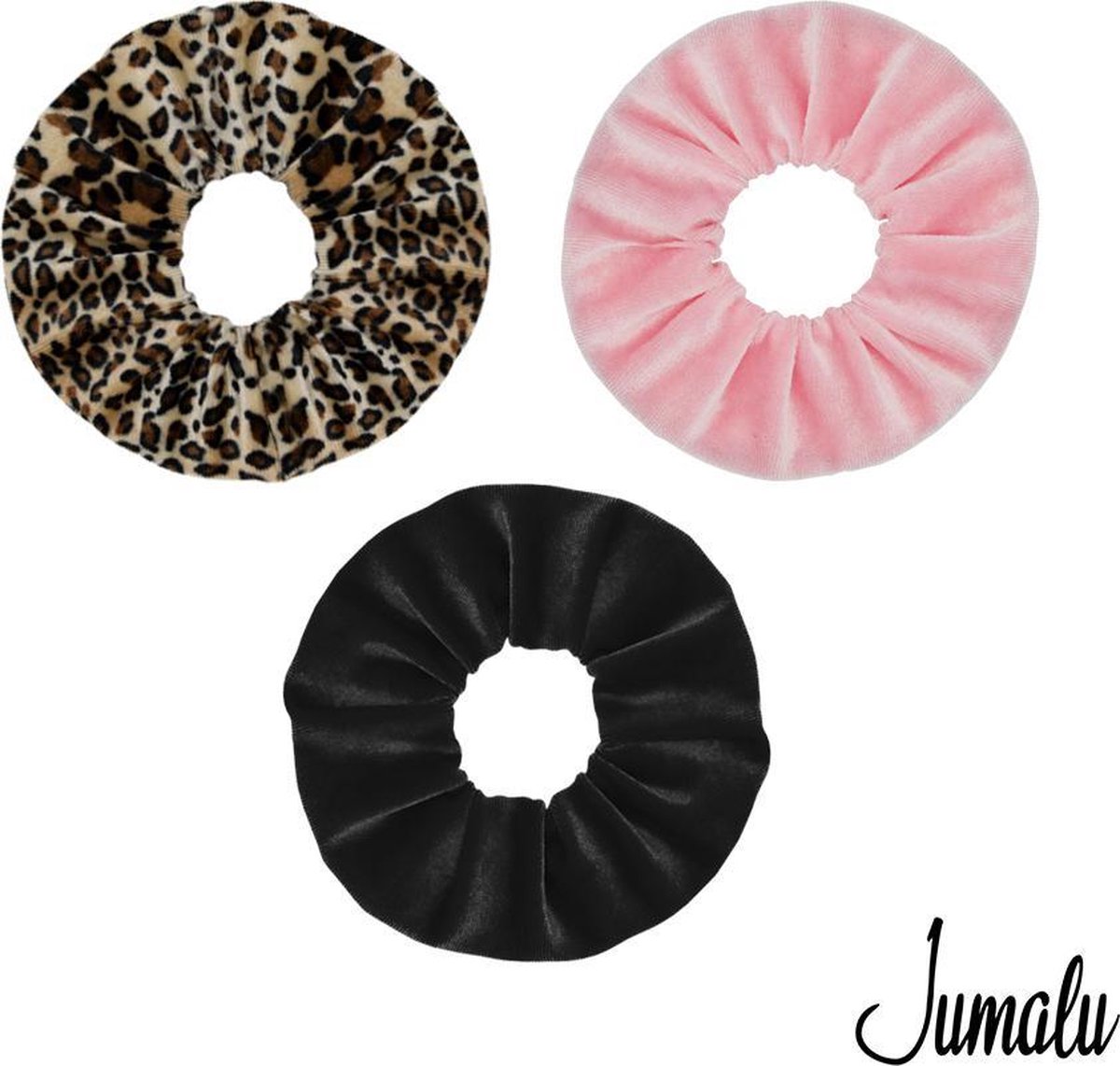 Jumalu scrunchie velvet haarwokkel haarelastiekjes - lichtroze, zwart en tijgerprint - 3 stuks