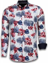 Italiaanse Overhemden - Slim Fit Overhemd - Blouse Big Flower Pattern - Wit