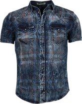 Denim Heren Overhemd - Korte Mouwen - Kleur Print - Blauw