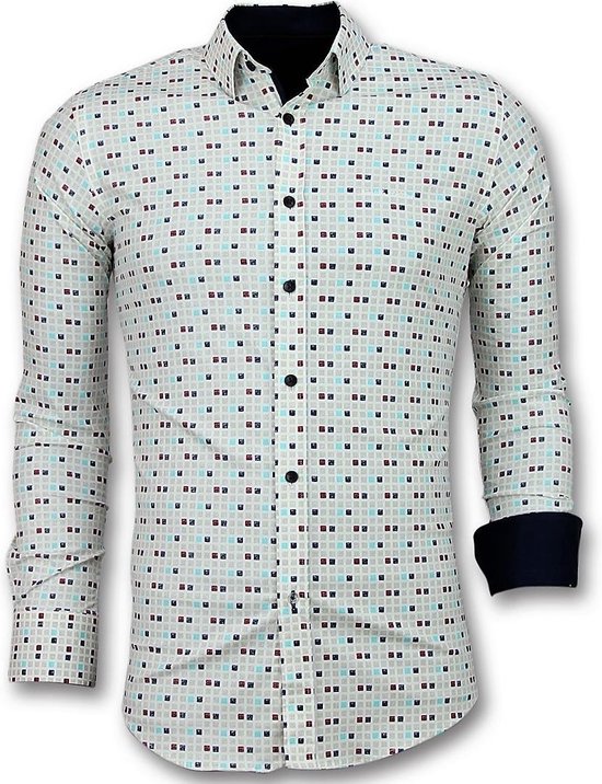 Tony Backer Hommes Chemises Slim Fit - Chemise Homme Motif Tetris - 3023 - Chemises Décontractées Beige Hommes Chemise Taille M