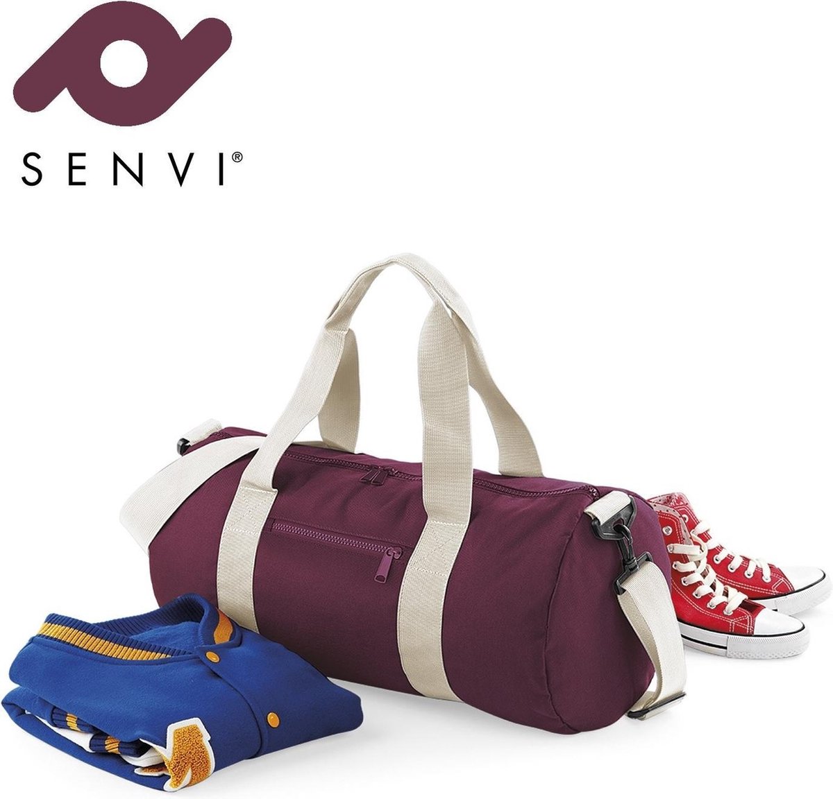 Senvi Retro Schoudertas/Weekendtas - Kleur Bordeaux /Wit - 20 Liter