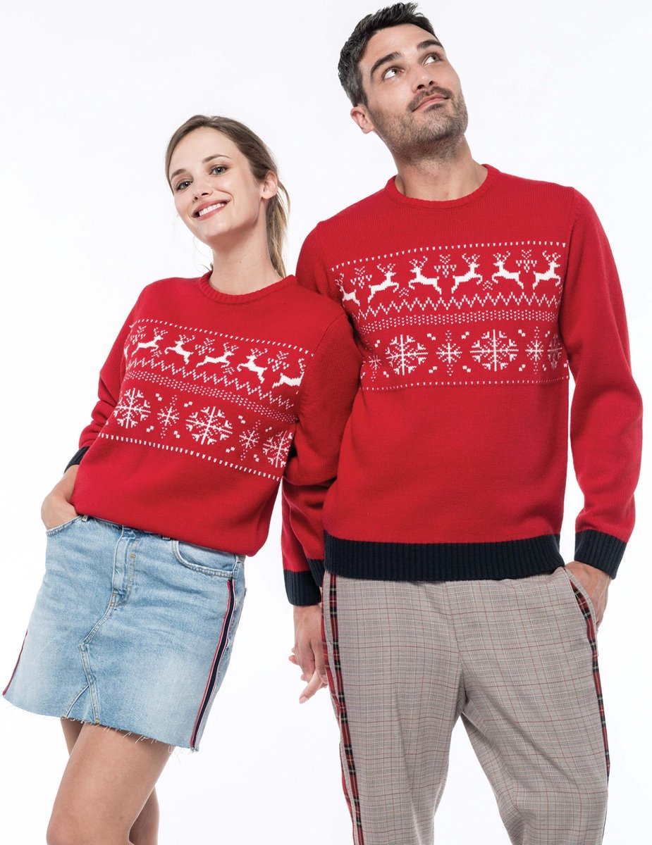 Kariban Kersttrui - Rendiermotief en sneeuwvlokken - Cherry Red - XS