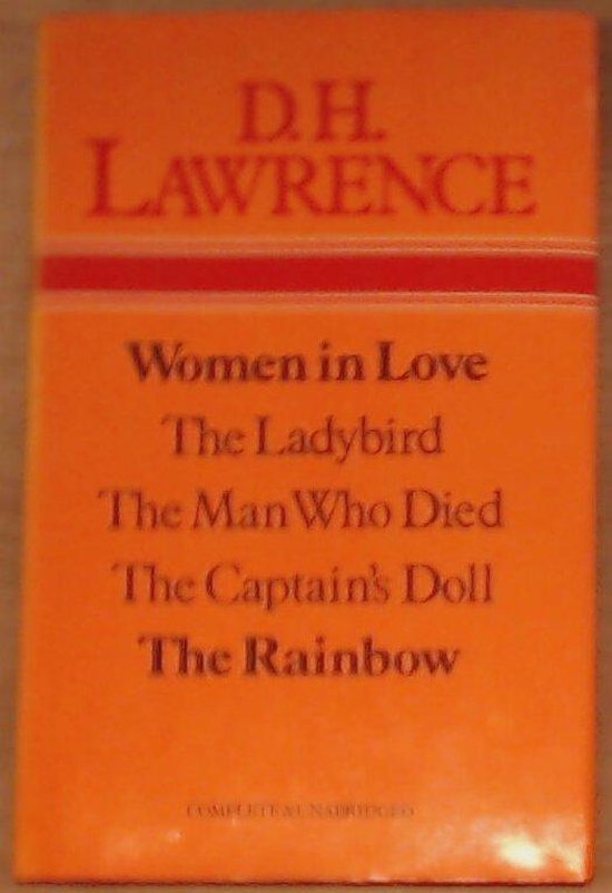 Oranje omslag van D.H. Lawrence met de titels 'Women in Love', 'The Ladybird', 'The Man Who Died', 'The Captain's Doll' en 'The Rainbow'.