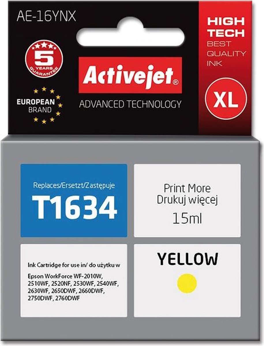 ActiveJet AE-16YNX-inkt voor Epson-printer, Epson 16XL T1634 Vervanging; Opperste; 15 ml; geel.