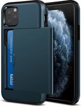 Kaarthouder case met slide geschikt voor Apple iPhone 11 Pro Max - donkerblauw + Glazen Screenprotector