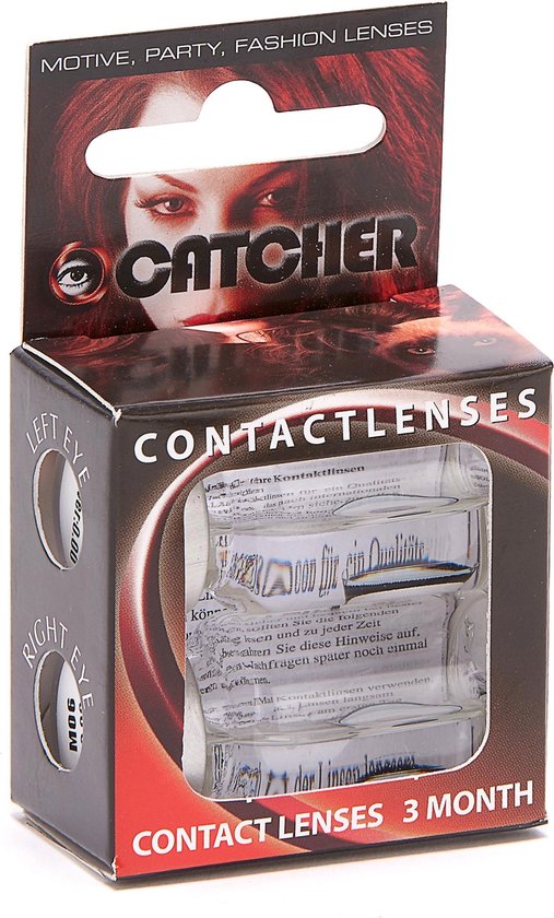 Verpakking met CATCHER CONTACTLENZEN voor 3 maanden, met afbeelding van vrouw met make-up.