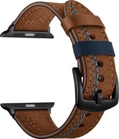 SmartphoneClip® Leer bruin met blauwe stiksels Bandje geschikt voor Apple Watch 42mm, 44mm, 45mm, en 49 mm (alle generaties)
