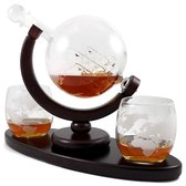 Luxe Whiskey Karaf Set Wereldbol - 2 Whisky Glazen - Whiskey Stones in luxe houten doos