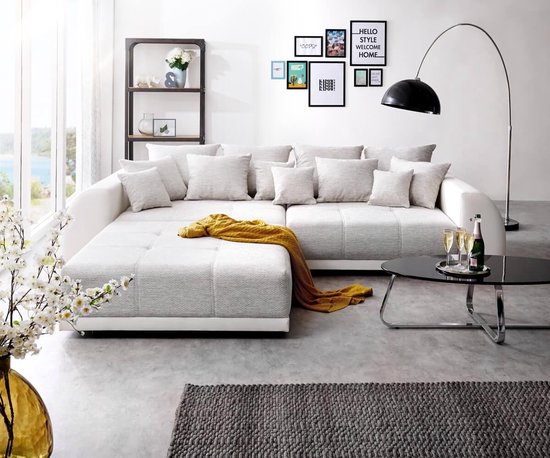 Bank Violetta lichtgrijs crème 310x135 cm inclusief hocker en kussen Big  Sofa | bol