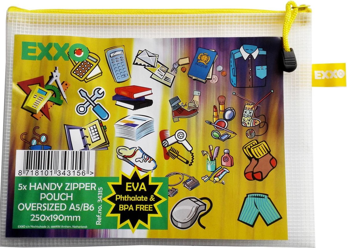 EXXO-HFP #34315 - A5-XL Ftalaat&BPA-vrije Opbergtas - Multi-purpose - Gele rits - 5 stuks (1 pak @ 5 stuks)