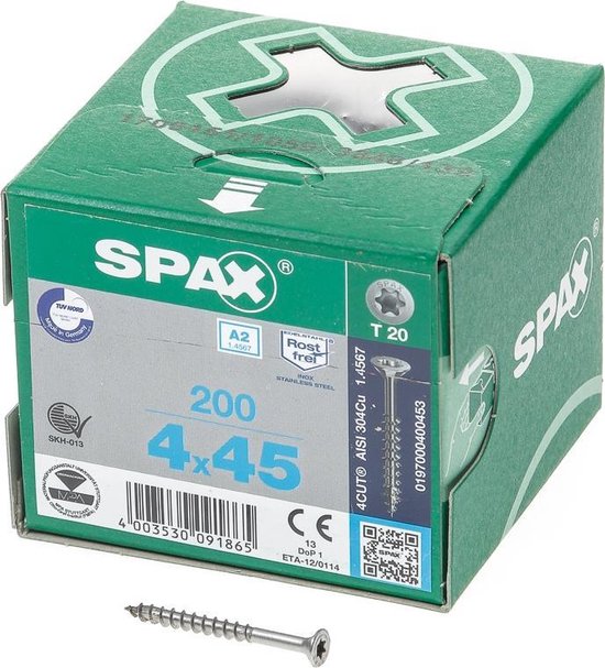 Spax Spaanplaatschroef RVS Torx 4.0 x 45 - 200 stuks