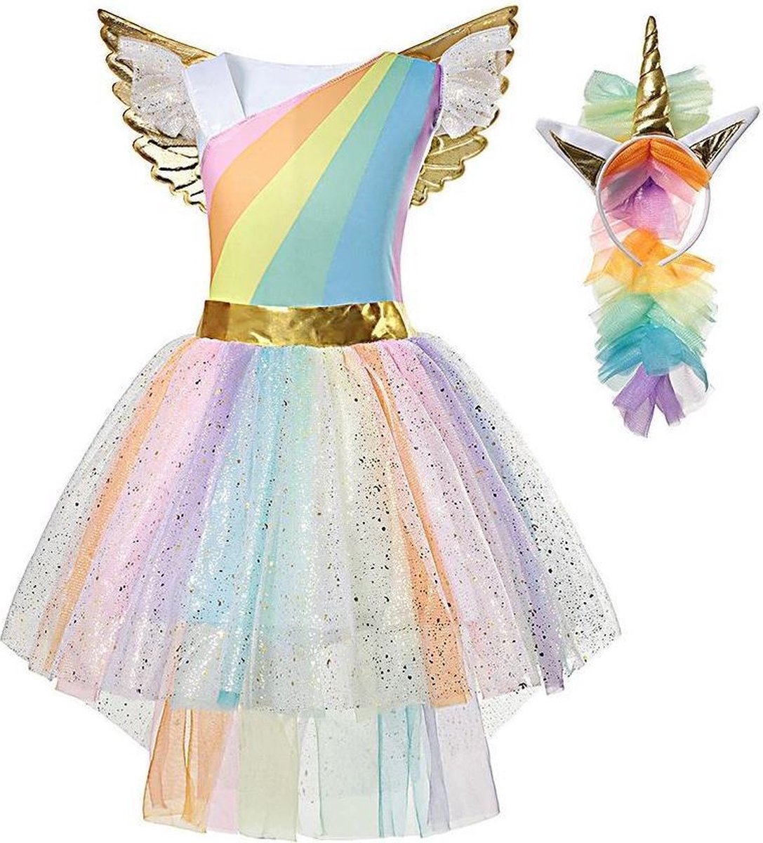 Eenhoorn jurk unicorn jurk eenhoorn kostuum - 128-134 (L) regenboog jurk + haarband Prinsessenjurk meisje verkleedkleren meisje - La Señorita