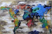 3D art Metaalschilderij en hout wereld - schilderij - wanddecoratie -  Kleurrijke wereldkaart op hout - handgeschilderd 120x80 cm - woonkamer slaapkamer