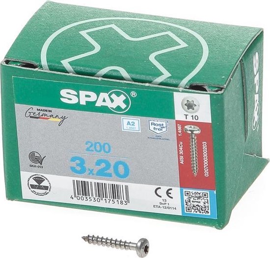 Spax Spaanplaatschroef cilinderkop RVS T-Star T10 3.0x20mm (per 200 stuks)