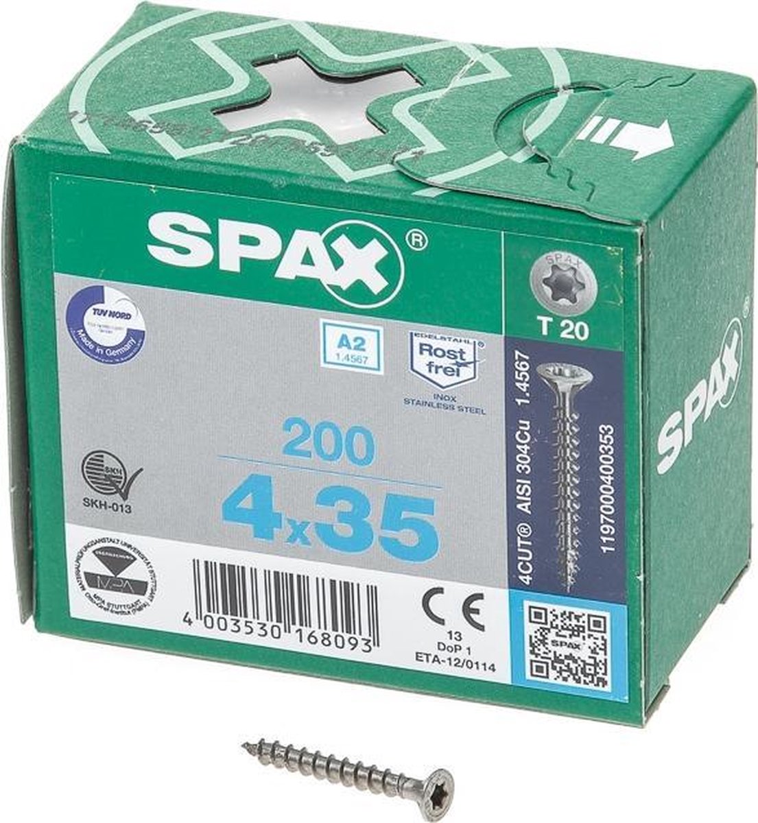 SPAX 1197000400353 Roestvaststalen schroef, Verzonken kop, 4 x 35, Voldraad, T-STAR plus T20 - blank - 200 stuks - Spax