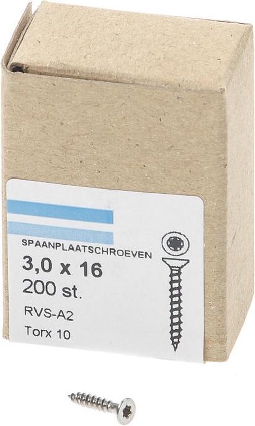 Hoenderdaal Spaanplaatschroef RVS platverzonken kop TX10 voldraad 3.0X16 (per 200 stuks)