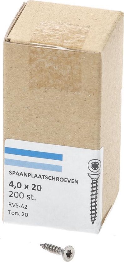 Hoenderdaal Spaanplaatschroef RVS platverzonken kop TX20 voldraad 4.0X20 (per 200 stuks)