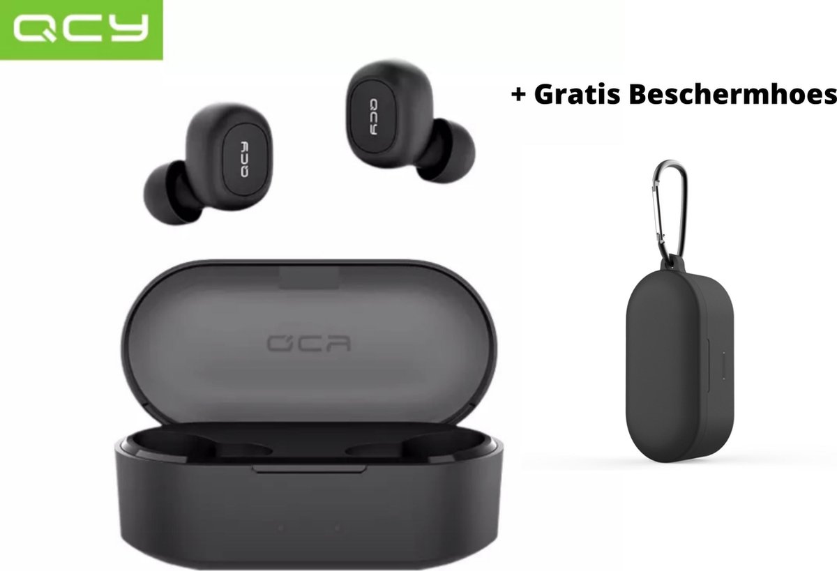 QCY T2C GS2 (2e gen) - TWS True Wireless Stereo - Draadloze Oordopjes - + Gratis Beschermhoes - BT Oortelefoon - Bluetooth 5.0 - Microfoon - In-Ear Oortjes - Zwart