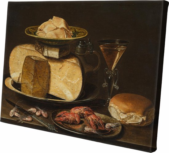 Nature morte aux fromages, amandes et bretzels | Clara Peeters | 60 cm x 40 cm | Toile | Photo sur toile | Anciens maîtres