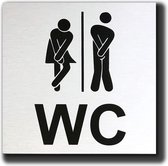 WC Toilet deurbordje man vrouw nodig. - Heren Dames WC  - Geborsteld Aluminium - Tekst WC - 120 mm x 120 mm x 1 mm. - Promessa-Design De Luxe Toiletbordjes.