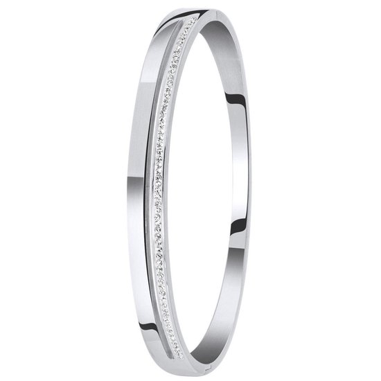 Lucardi Dames armband bangle 2rij wit kristal - Staal - Bangle - Cadeau - Stijlvol - Zilverkleurig