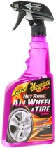Roze spuitfles Meguiar's "Hot Rims All Wheel & Tire Cleaner" met afbeelding van velg en "New!".