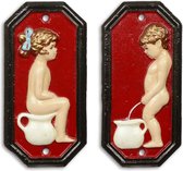 Maddeco - Gietijzer - toilet - bordjes - jongen - meisje - set - toiletbordjes - rood