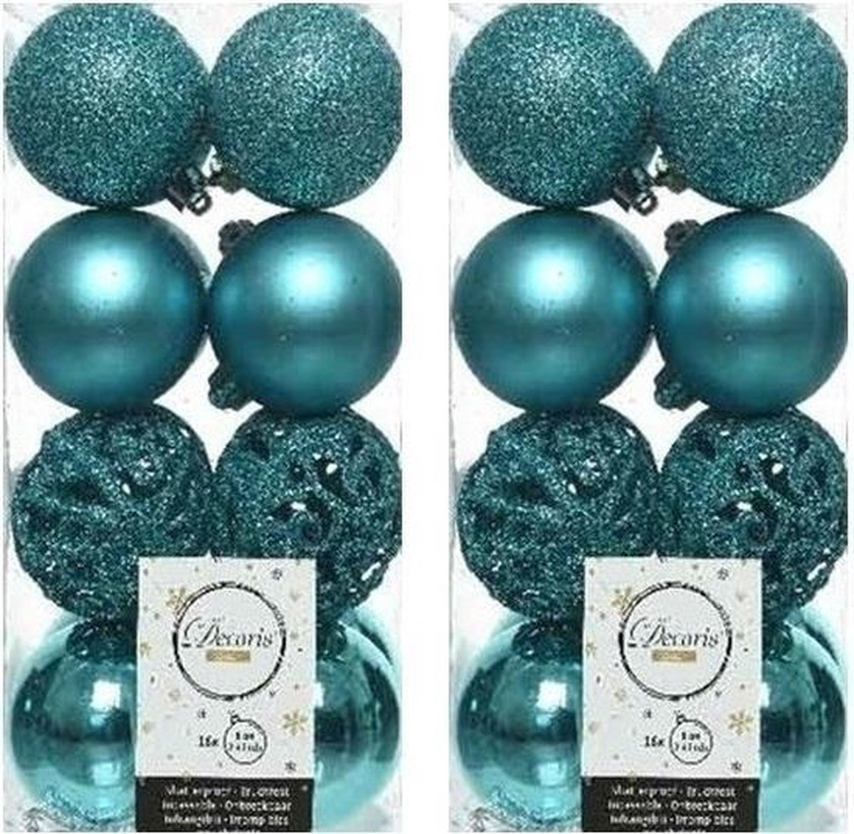 32x Turquoise blauwe kunststof kerstballen 6 cm Mix