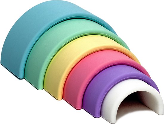 Stapelbare regenboog van pastelkleurig silicone: turquoise, groen, geel, roze, paars en wit.