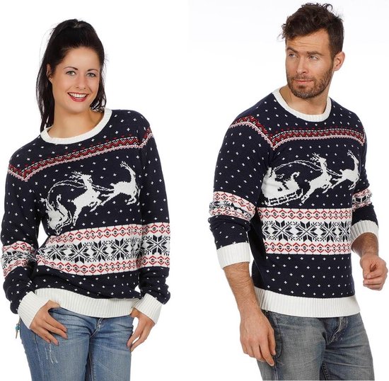 Mauvais pull de Noël bleu avec traîneau pour adultes