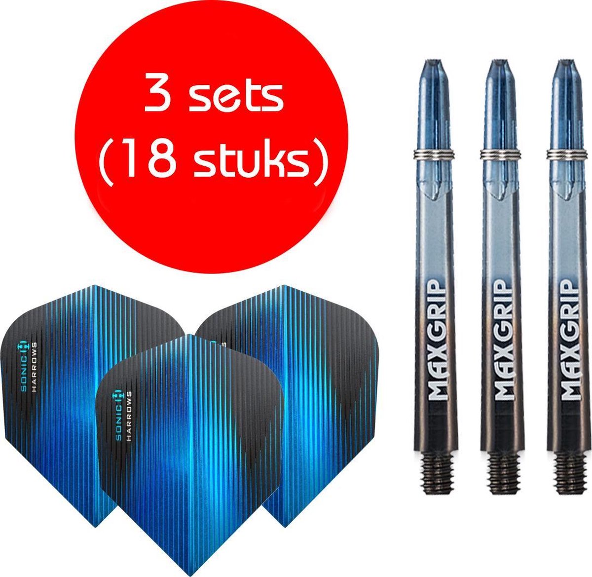 Darts Set - Maxgrip - 3 sets - darts shafts - zwart-blauw - medium - en 3 sets - Sonic blauw - darts flights