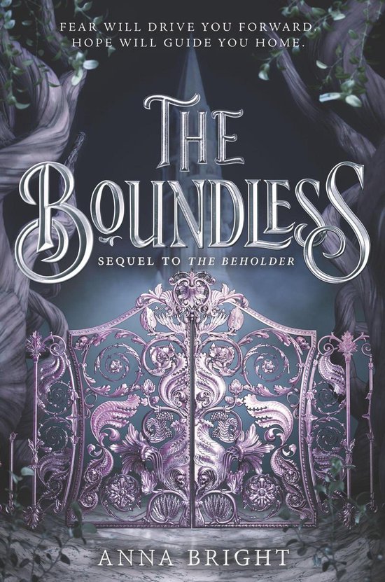 Couverture du livre 'The Boundless', suite de The Beholder. Arbres inquiétants et portail orné en violet et gris.