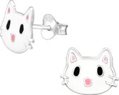Joy|S - Zilveren kat poes oorbellen 10 x 8 mm wit