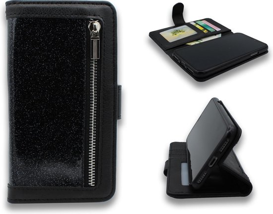 HB Hoesje Geschikt voor Apple iPhone 7 Plus & 8 Plus - Luxe Glitter Portemonnee Book Case met Rits - Zwart