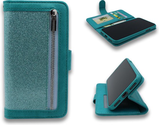 HB Hoesje Geschikt voor Apple iPhone XR - Luxe Glitter Portemonnee Book Case met Rits - Turquoise
