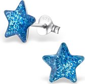 Joy|S - Zilveren glitter blauw ster oorbellen 9 mm