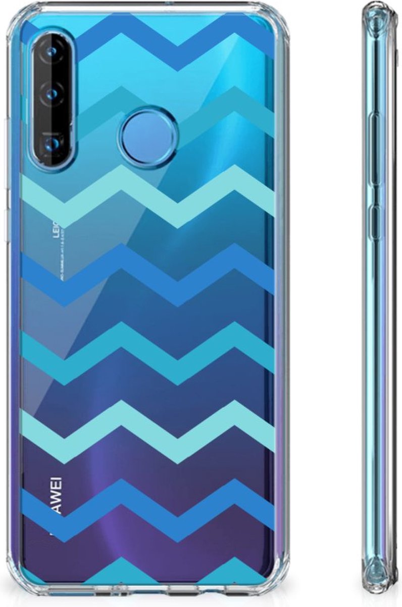 TPU Case Anti-Shock voor Huawei P30 Lite Doorzichtige Silicone Hoesje Zigzag Blauw