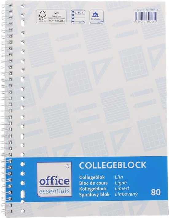 Office Essentials collegeblok A4  -80 vel 23-rings spiraalblok 60 grams gelinieerd papier