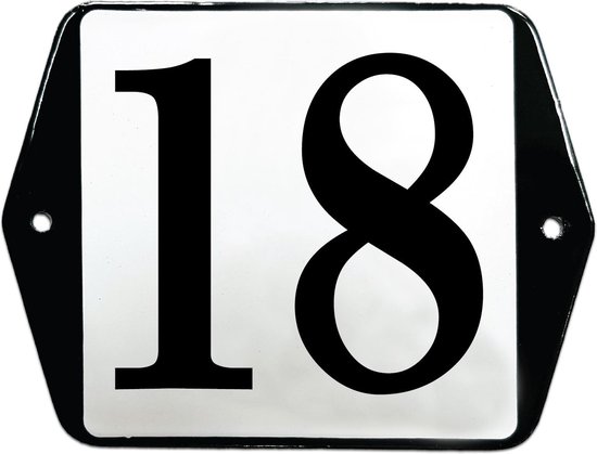 Wit emaille huisnummer 18 met zwarte rand en cijfers.